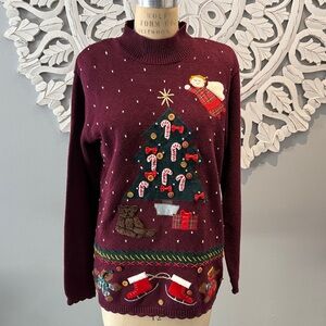 Vintage Karen Scott Christmas Tree Sweater Santa & Angel hand embroidery M